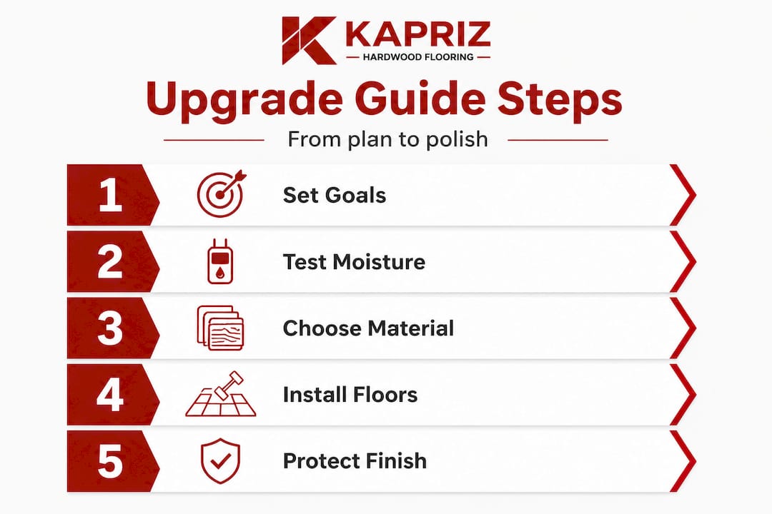 Infographic showing steps to upgrade hardwood flooring