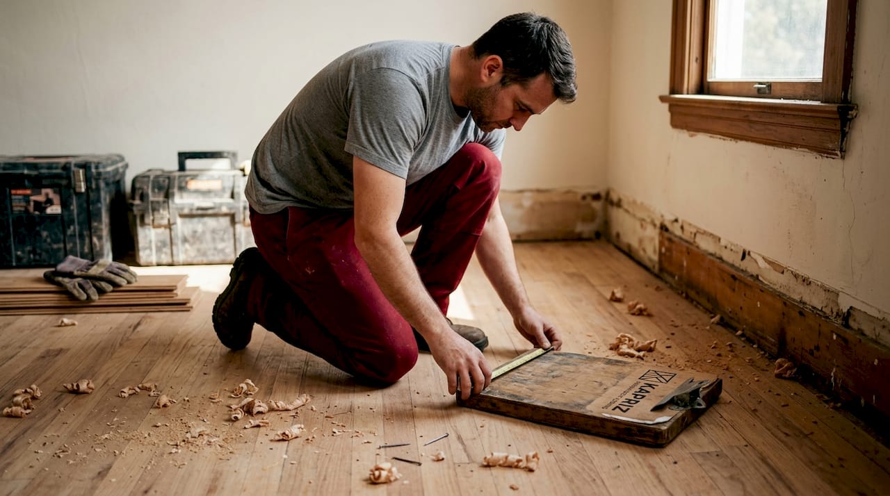 Contractor measuring hardwood installation in dining room