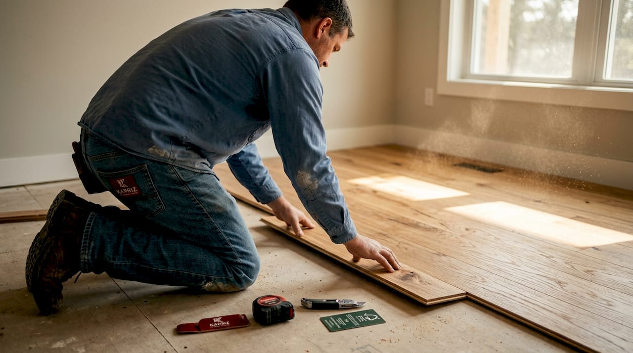 Installer placing FSC hardwood floor plank