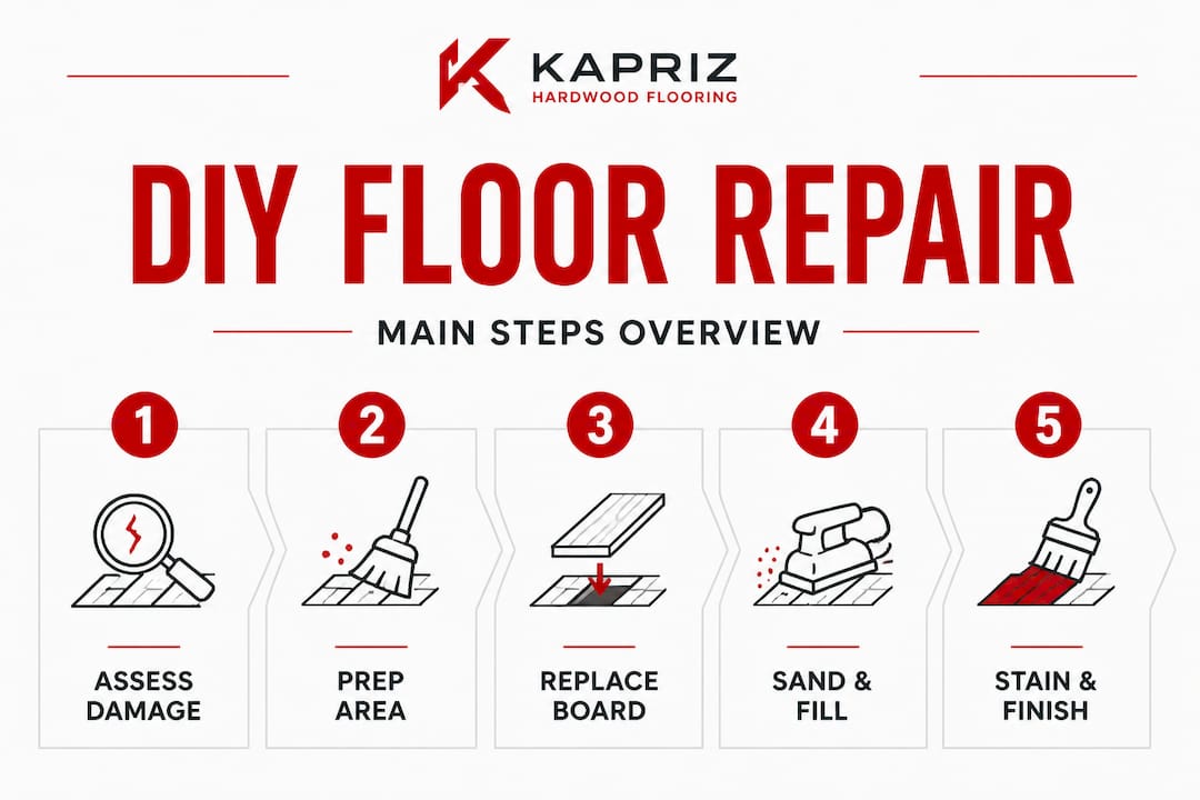 Infographic outlining five DIY hardwood floor repair steps
