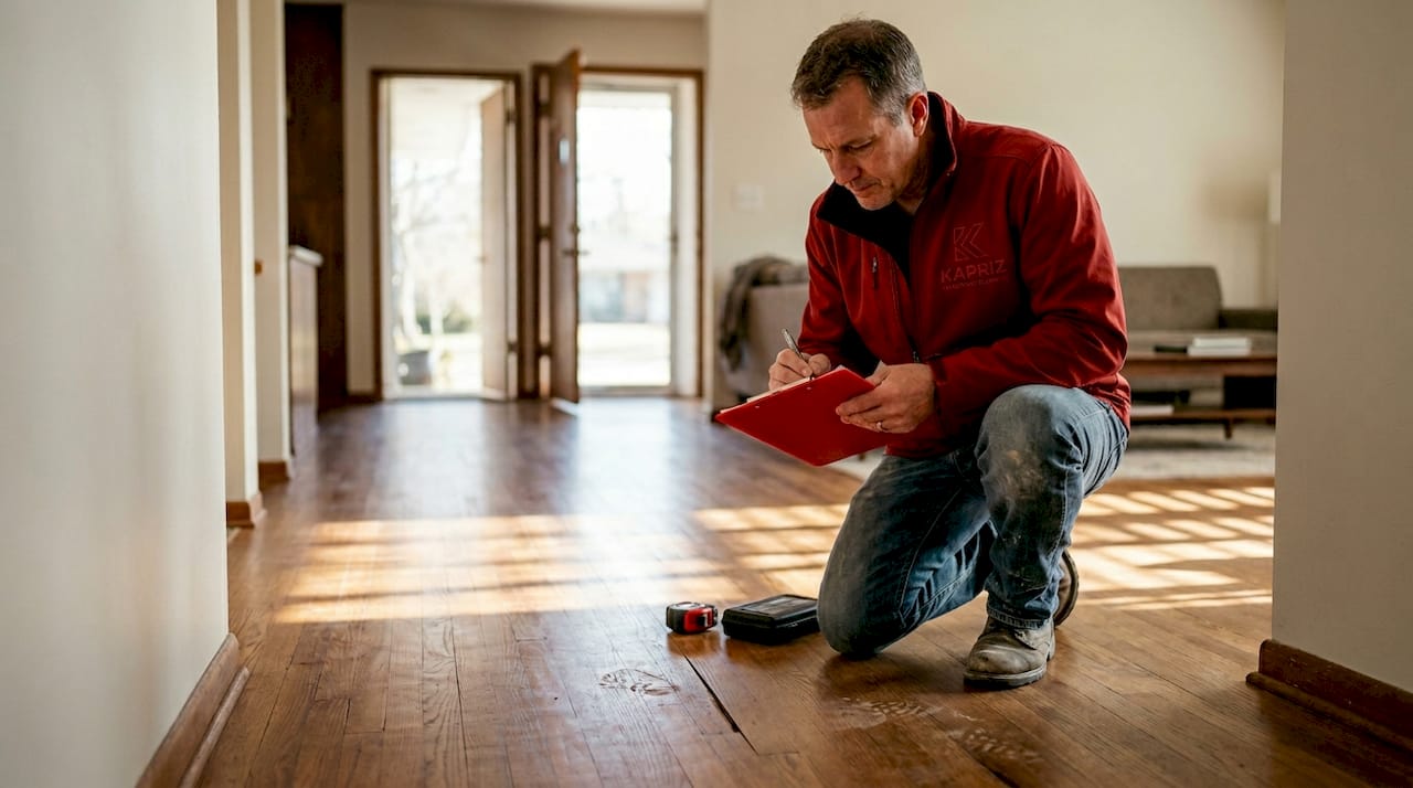 Flooring contractor inspecting hardwood for renovation