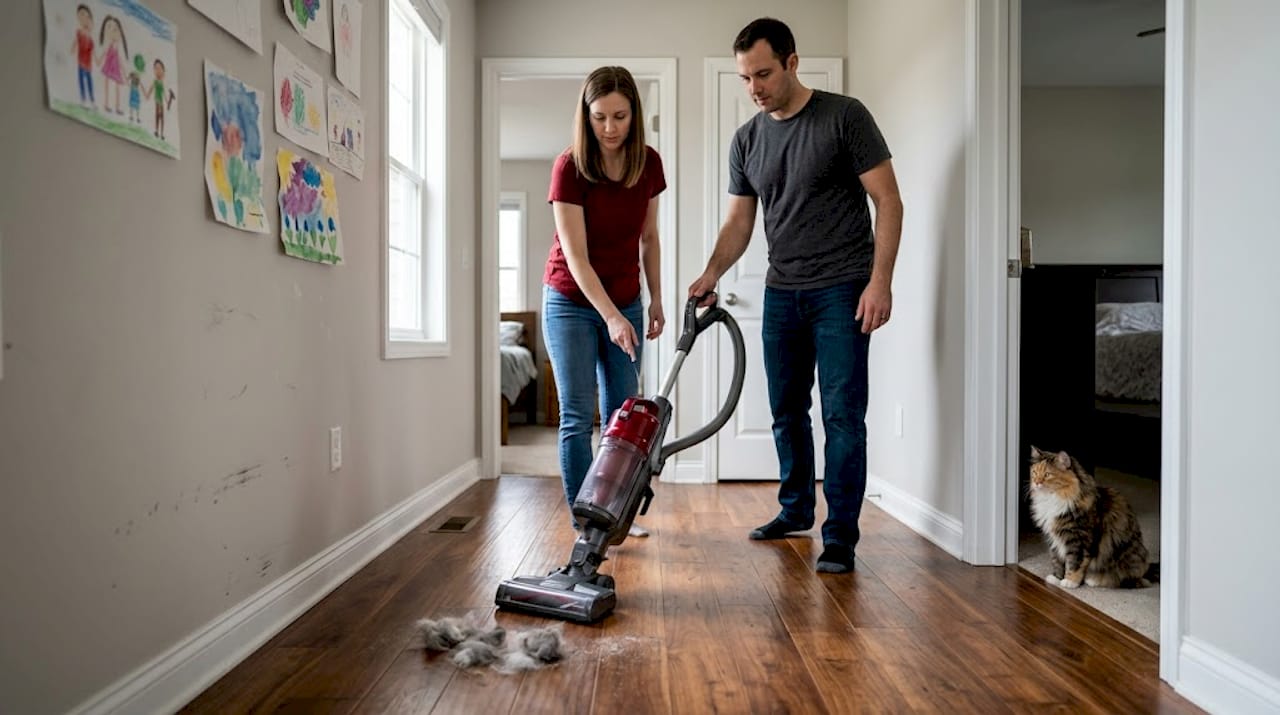 Vacuuming hardwood hallway with pet hair