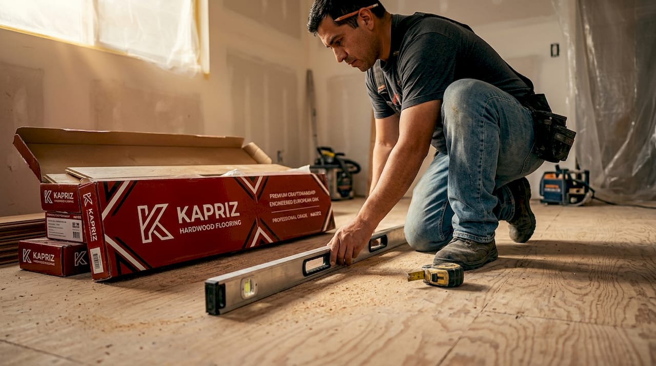Contractor checks subfloor flatness before hardwood installation