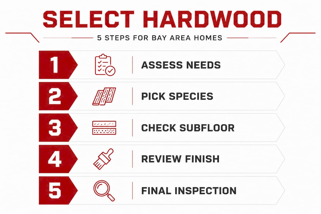 Infographic showing five steps to choose hardwood flooring