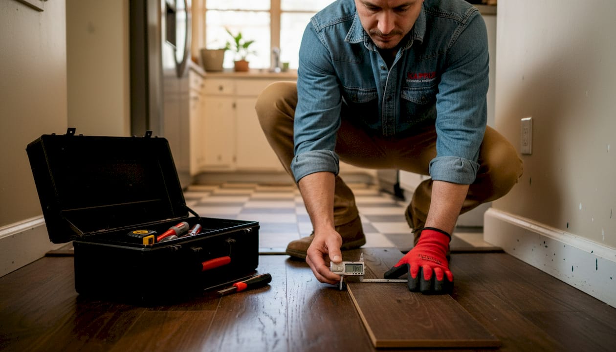 Technician measuring hardwood floor wear layer