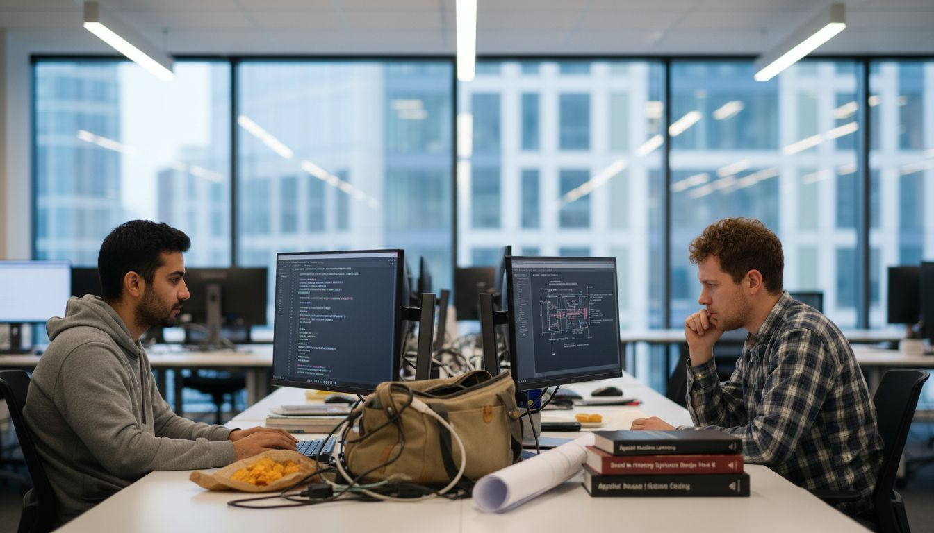 Turkish engineers working at shared UK office desk