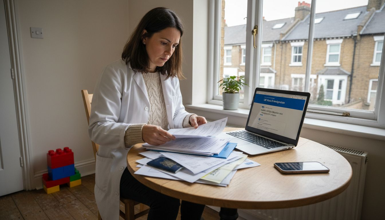 Doctor preparing UK health visa documents at home