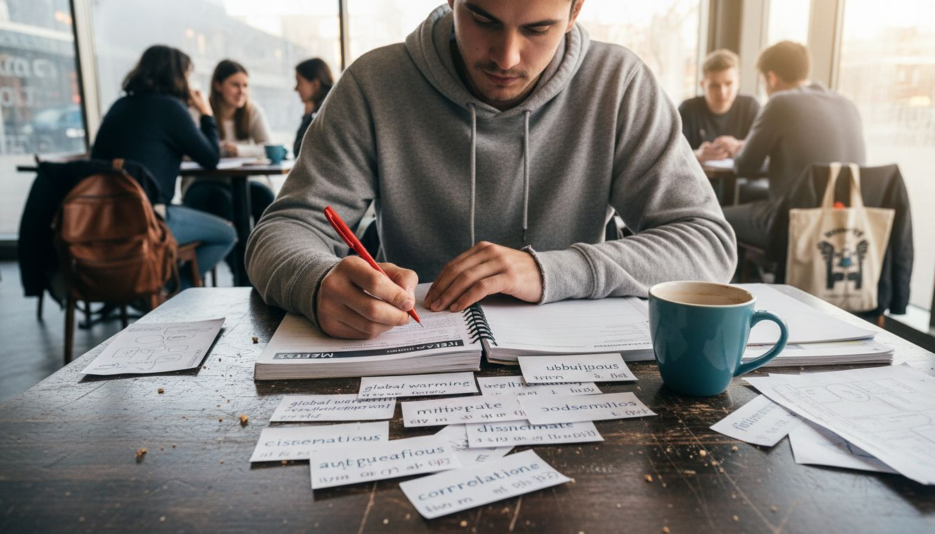 Student studying IELTS English exam materials