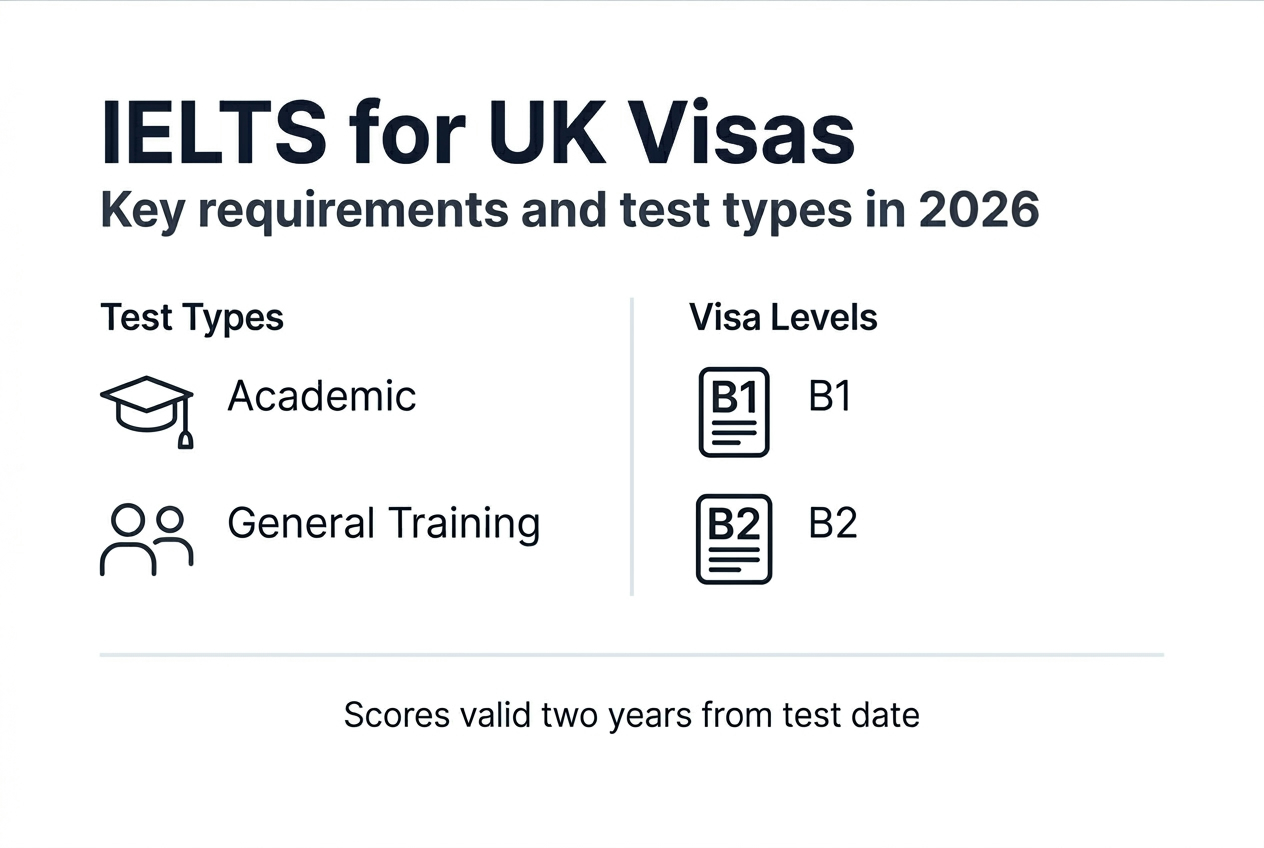 Infographic summarizing IELTS UK visa requirements