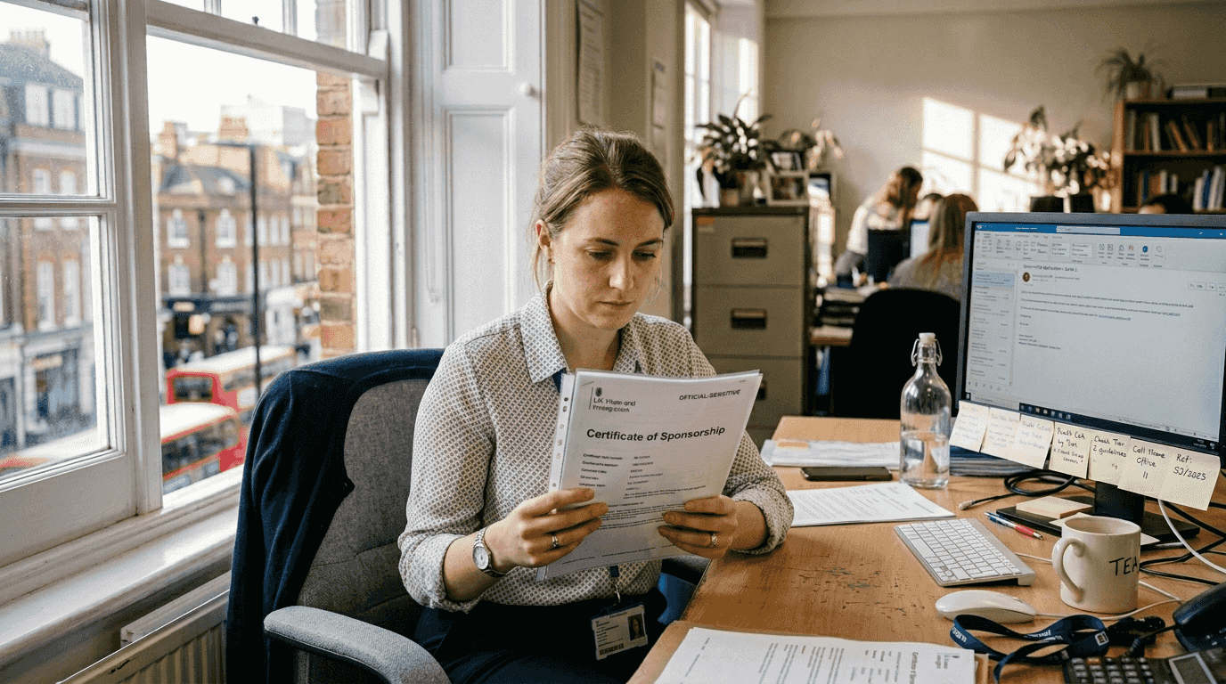 Reviewing sponsorship documents in busy HR office