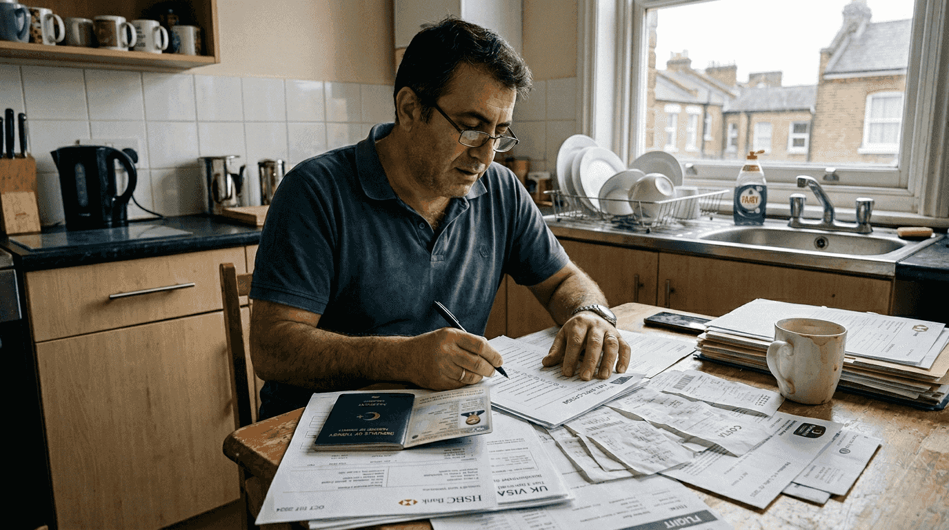Man sorting UK visa documents at home
