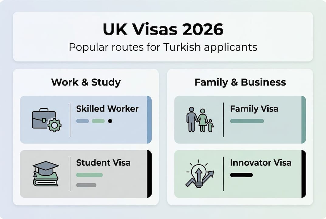 Infographic with UK visa categories and sample routes