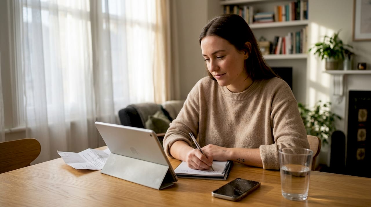 Applicant reviews job offer at kitchen table