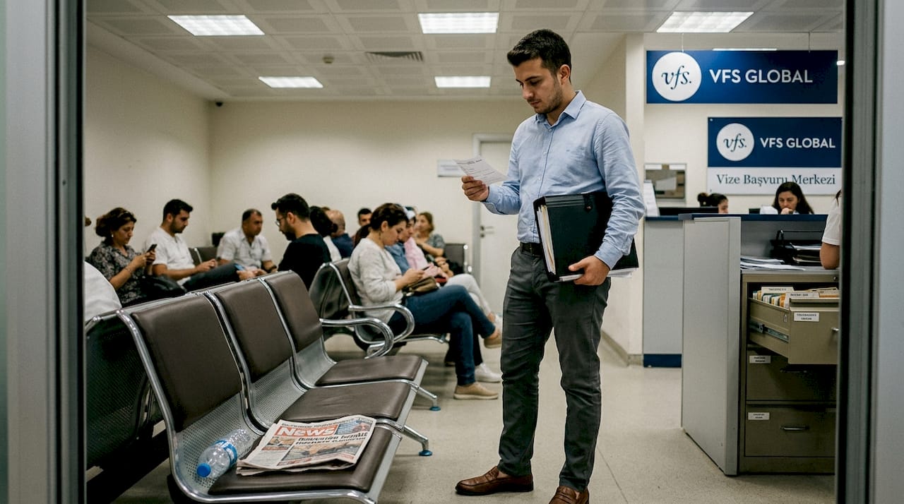 Man waiting with documents at visa center