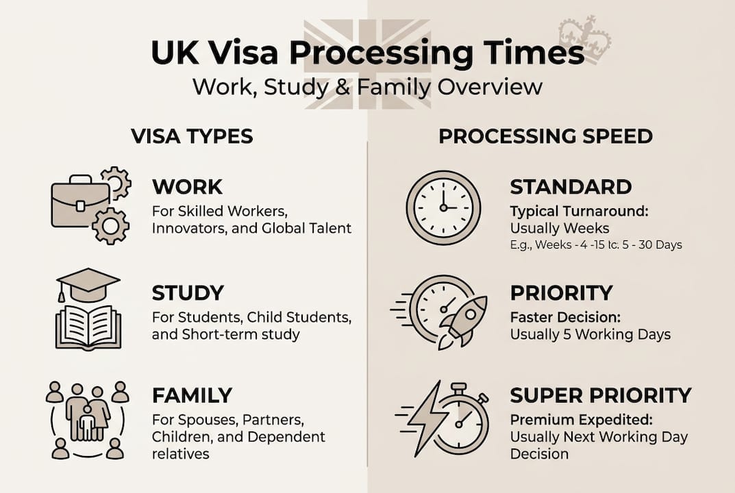 Infographic summarizing UK visa types and processing speeds