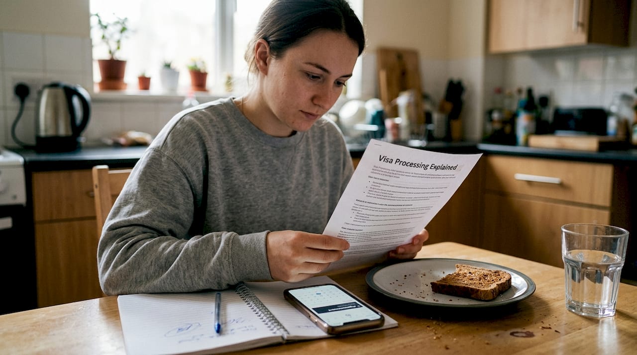 Person reading visa processing info at kitchen table