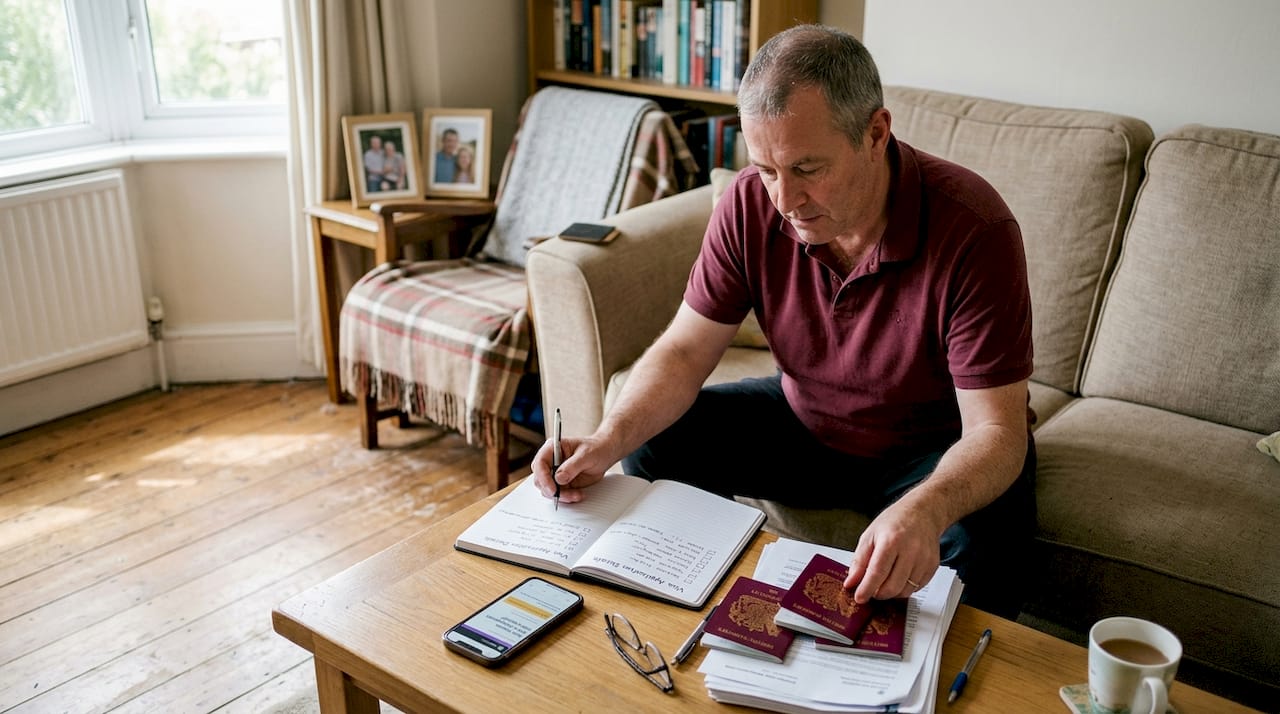 Man checks UK visa family documents in living room