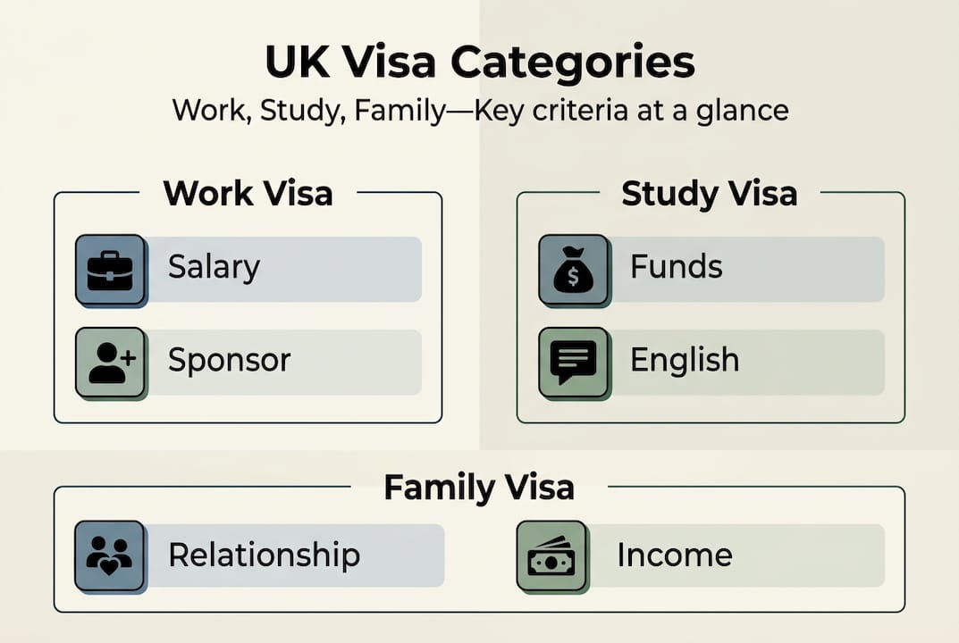 Infographic showing UK work, study, family visa criteria