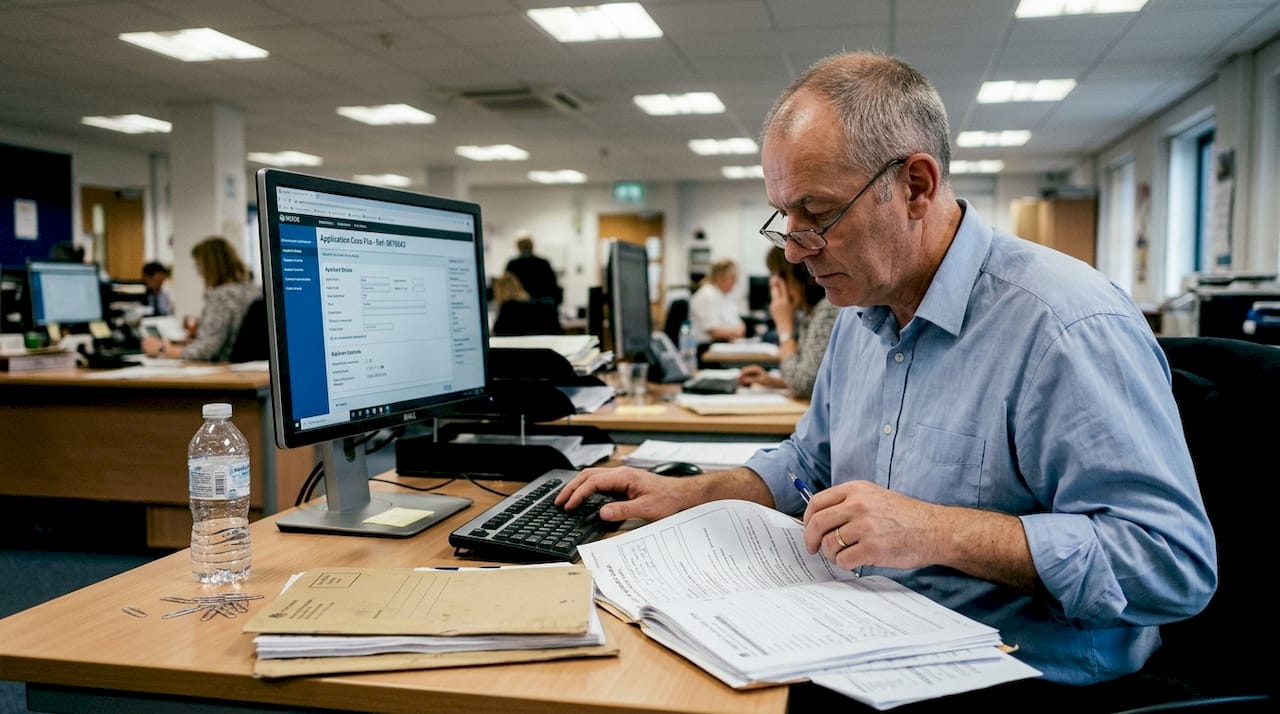 Caseworker reviewing visa application paperwork