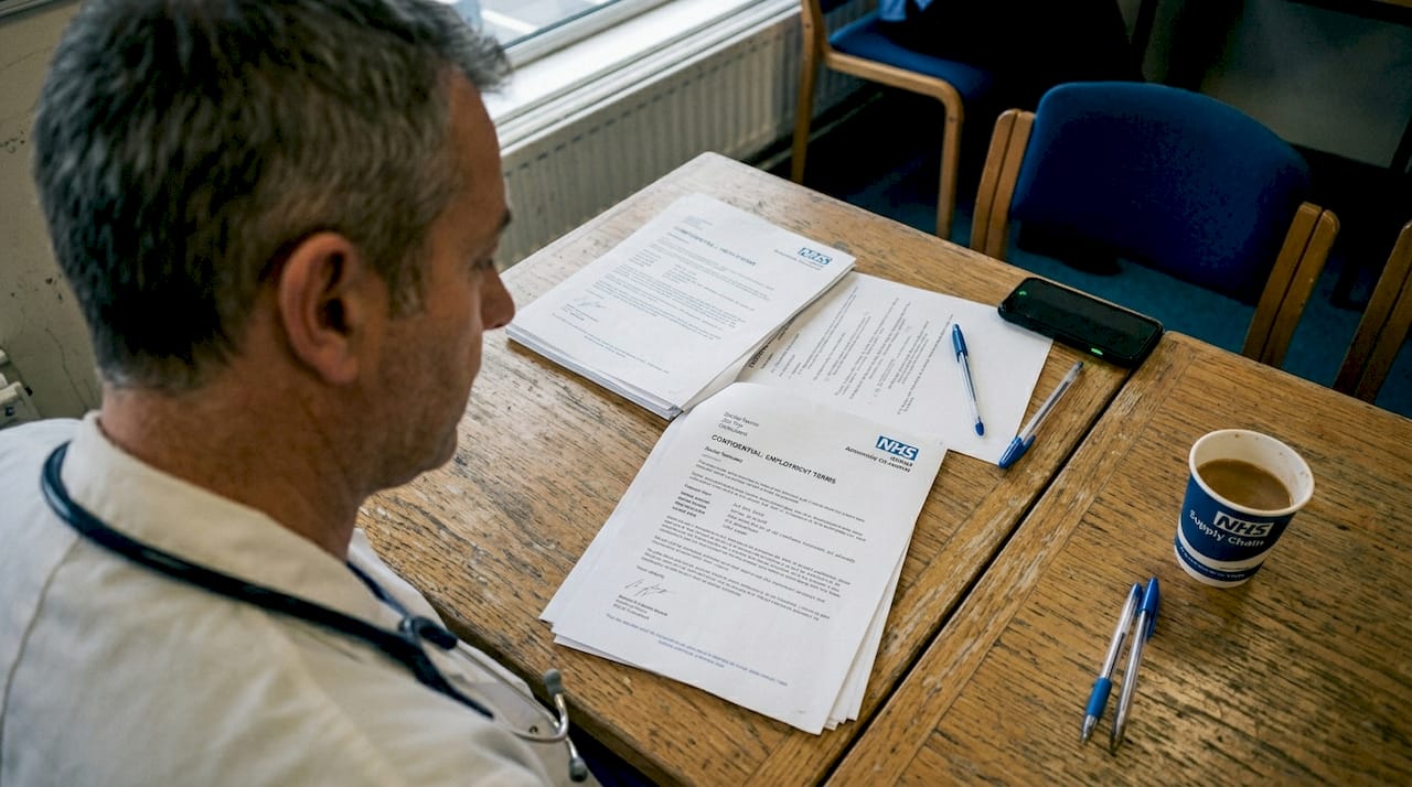 Doctor reading job offer letter by window