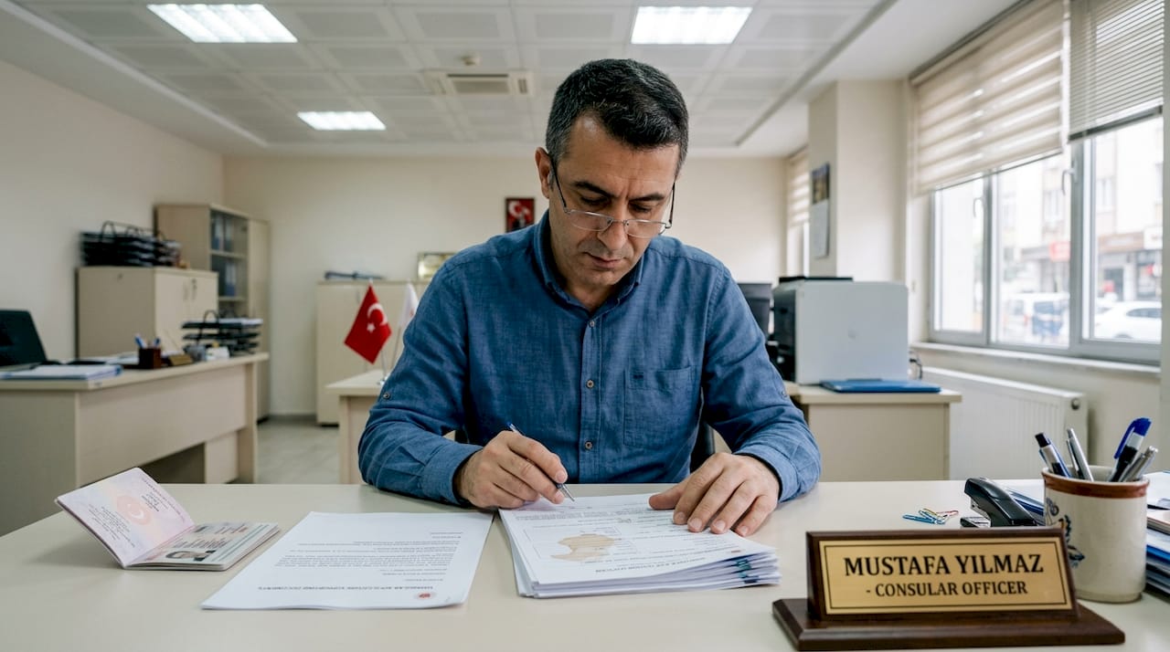 Visa officer checks documents in office