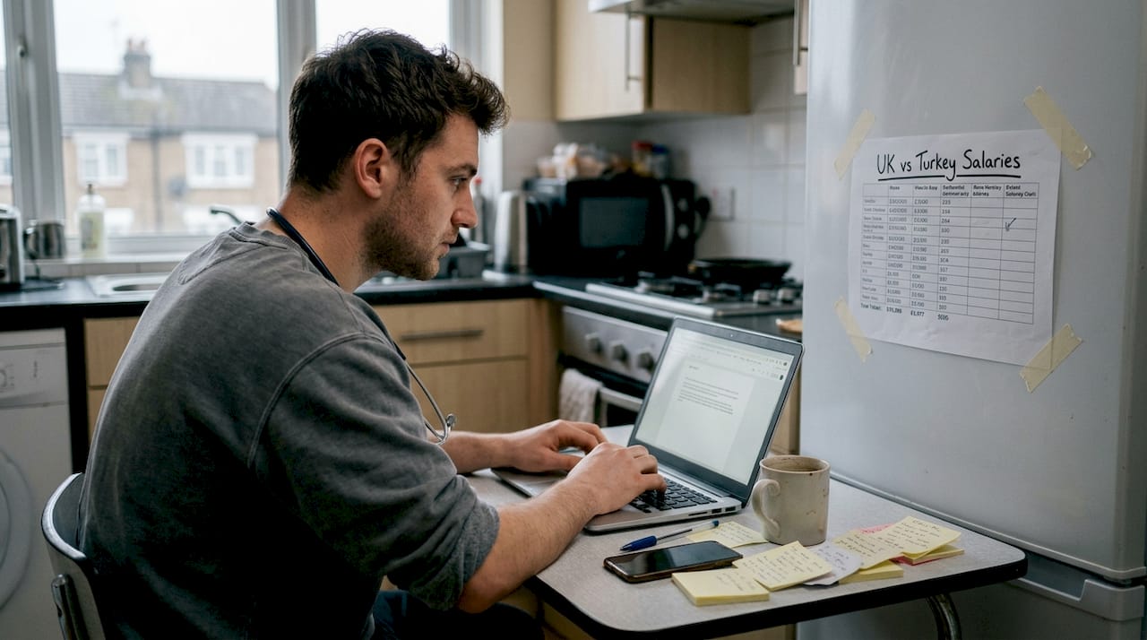 Health worker reviewing salary comparisons in kitchen