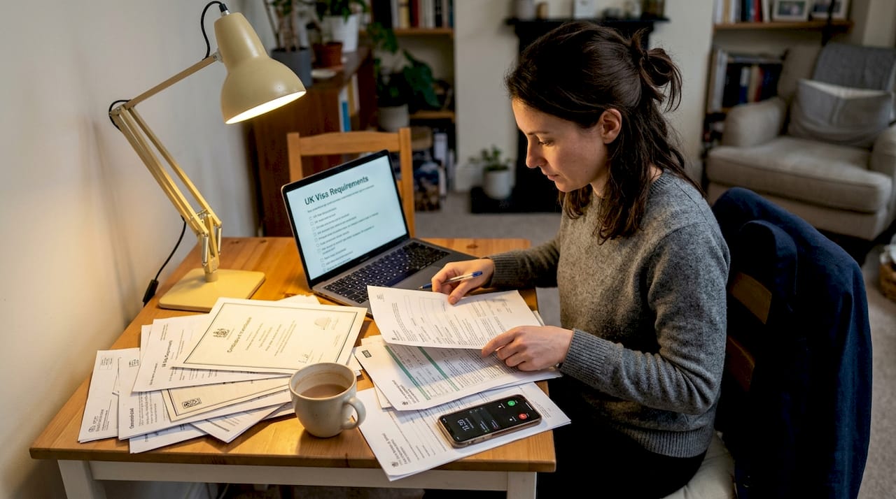 Woman organizing documents for UK job application