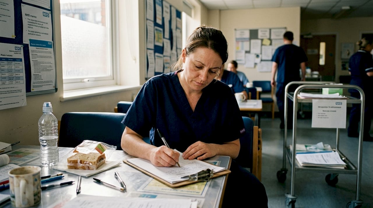 NHS nurse updating patient chart at table