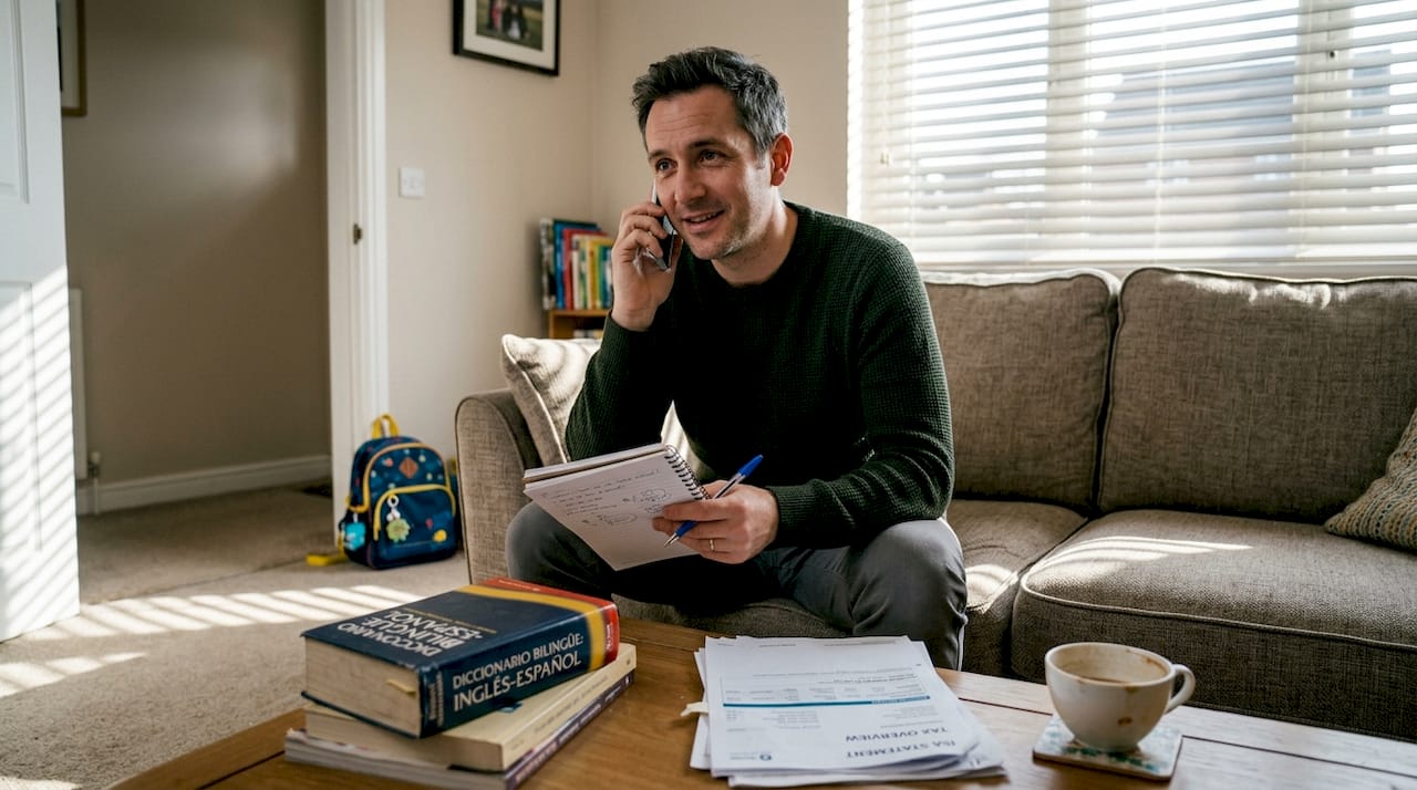 Man discusses visa interview with notes