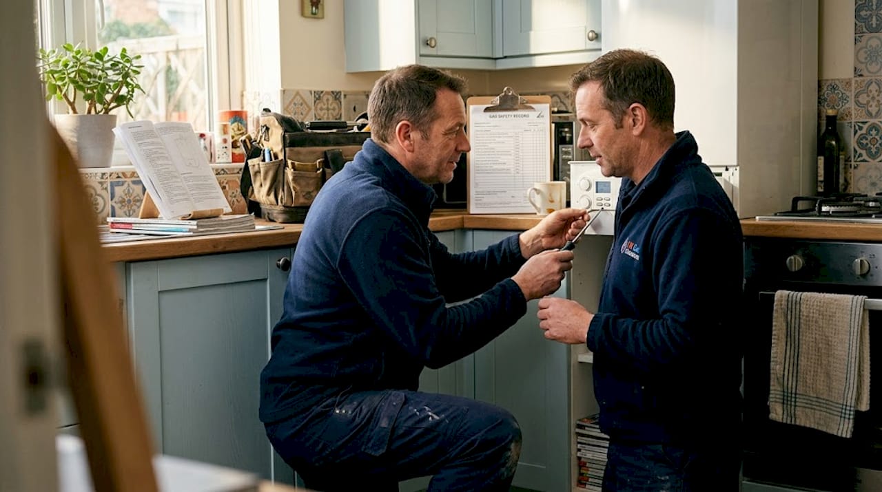 Engineer fixing boiler with trade tools visible