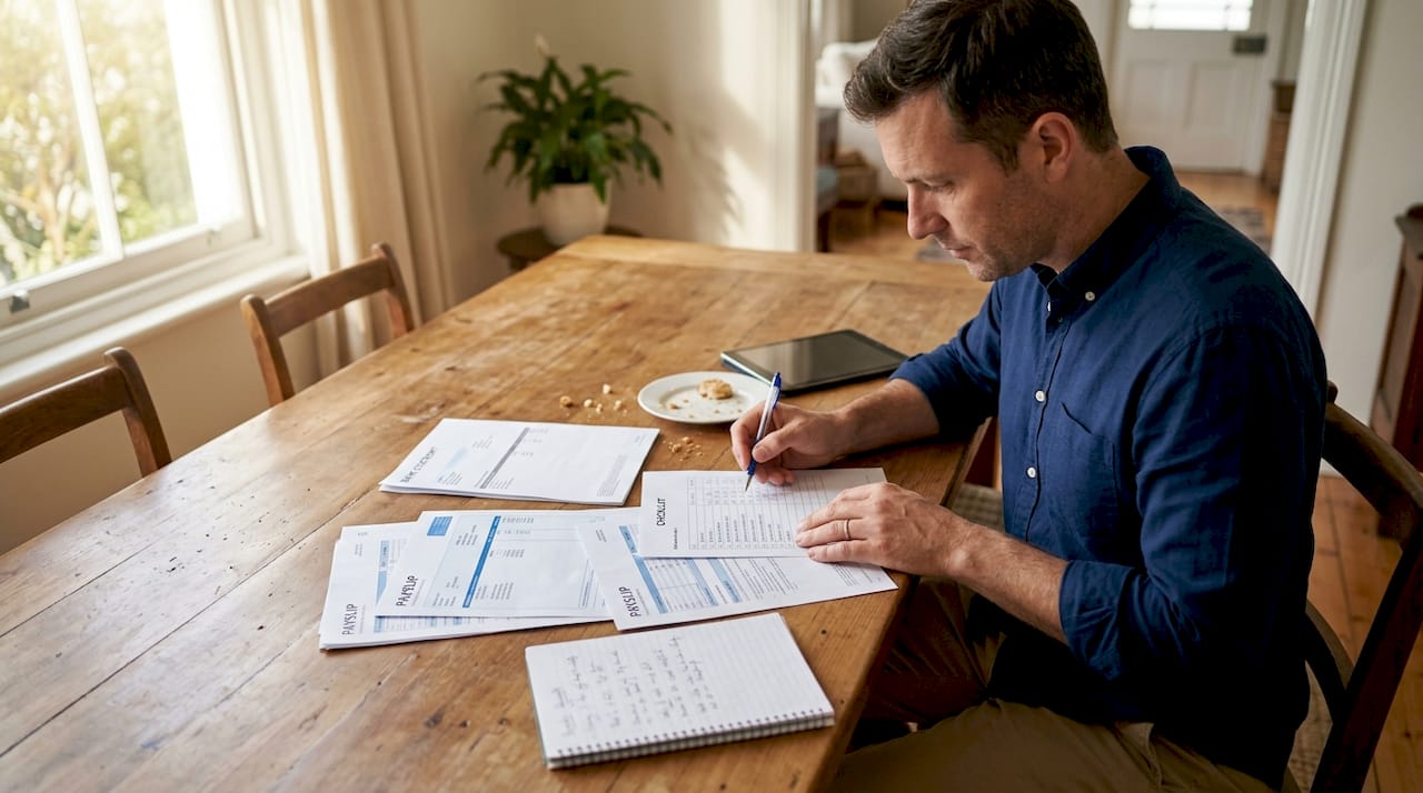 Man sorting financial documents for UK visa
