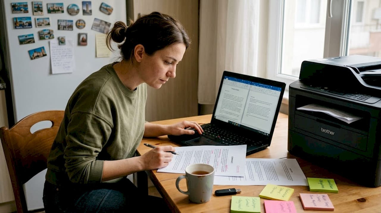 Woman translating Turkish business documents at home table
