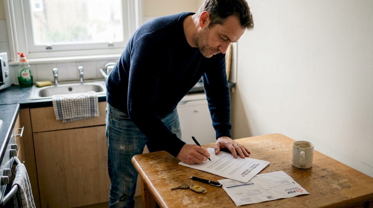 Applicant signing rental document in London flat
