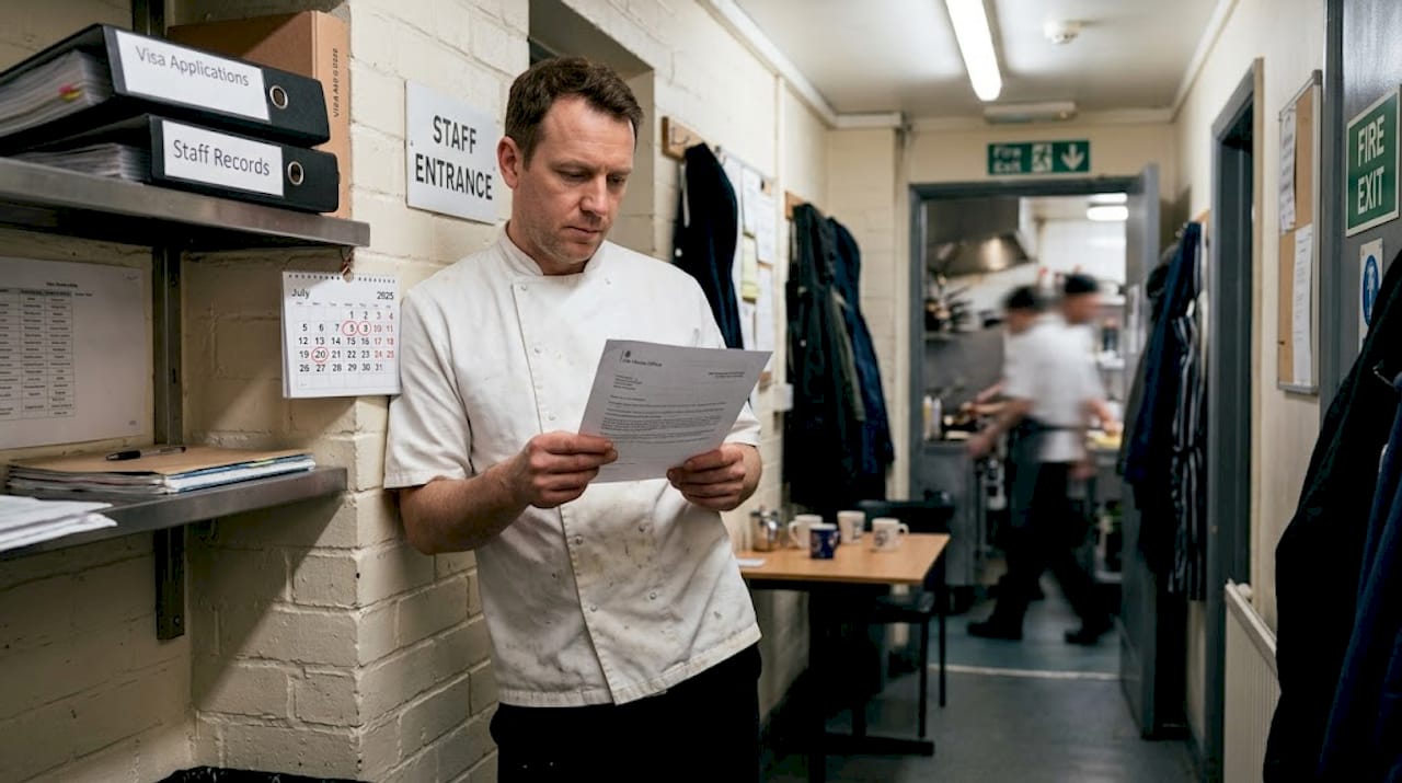 Chef reading UK visa letter corridor
