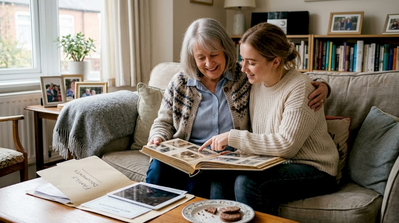 Family reviewing ancestry records and photos