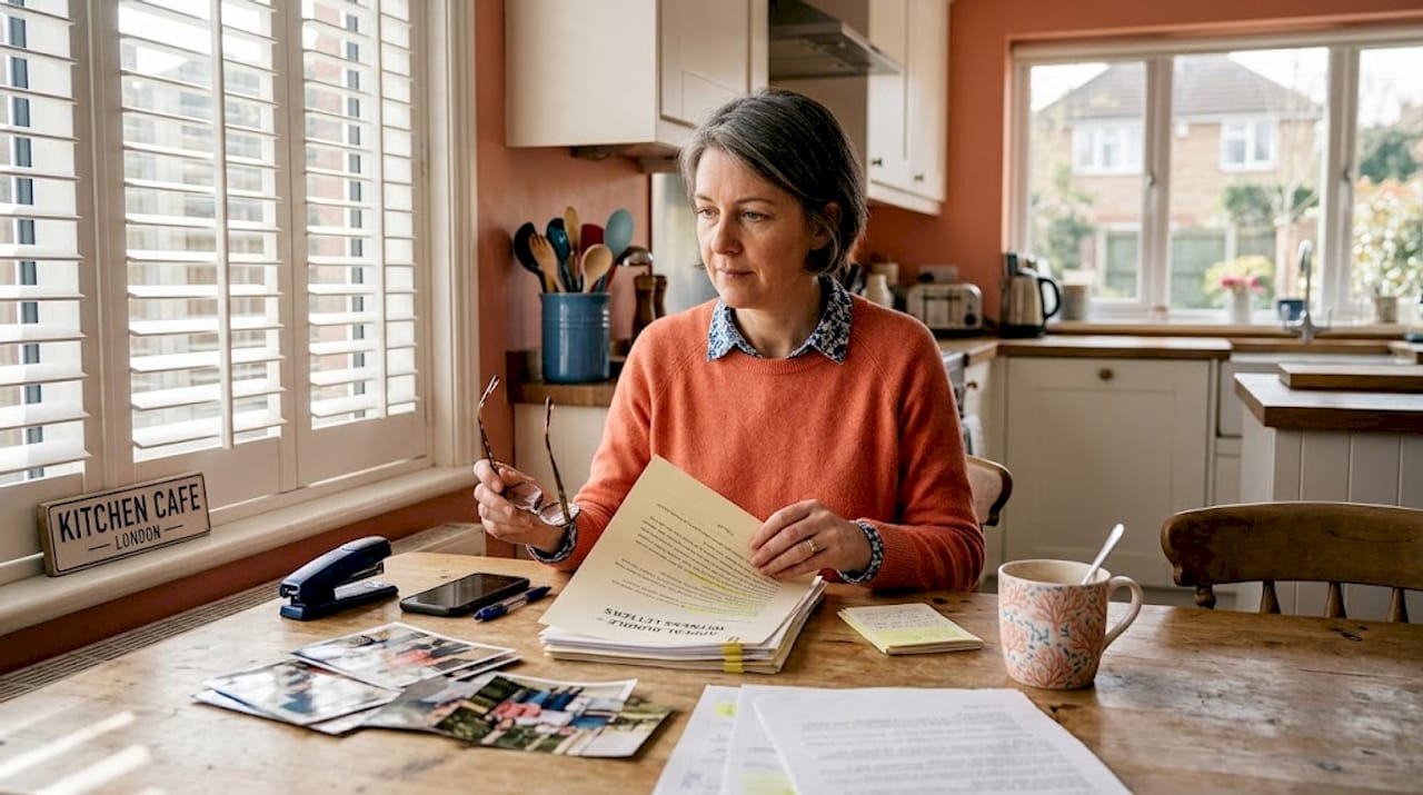 Woman sorting tribunal appeal evidence at kitchen table