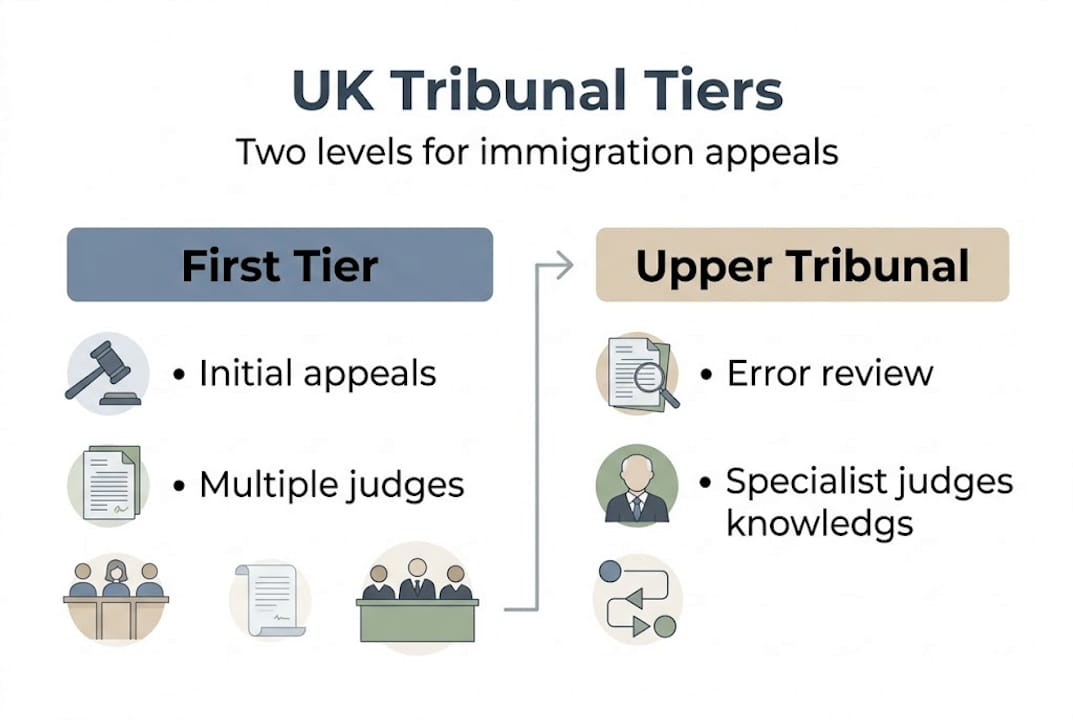 Infographic explaining UK immigration tribunal tiers