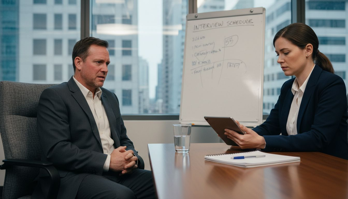 Candidate interviewed by HR in meeting room