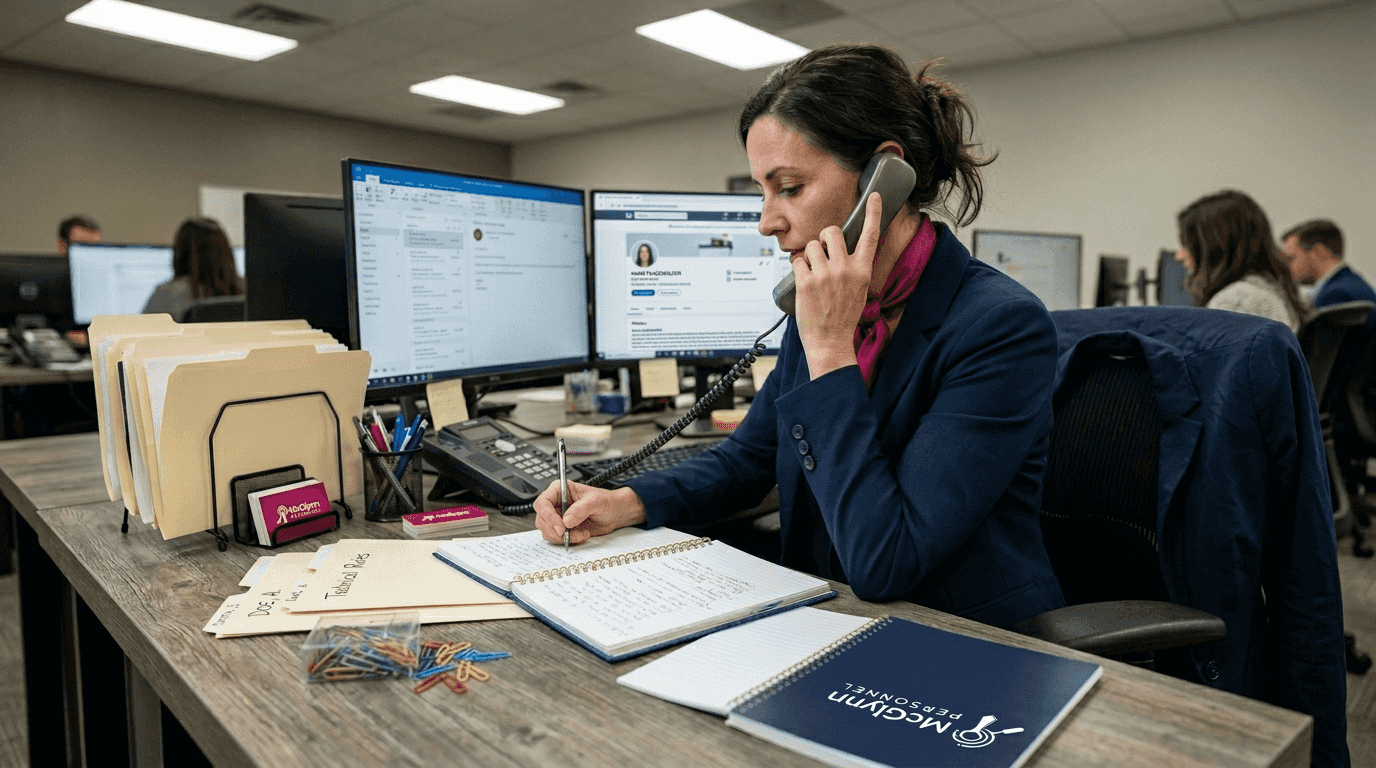 Technical recruiter interviewing in busy workspace