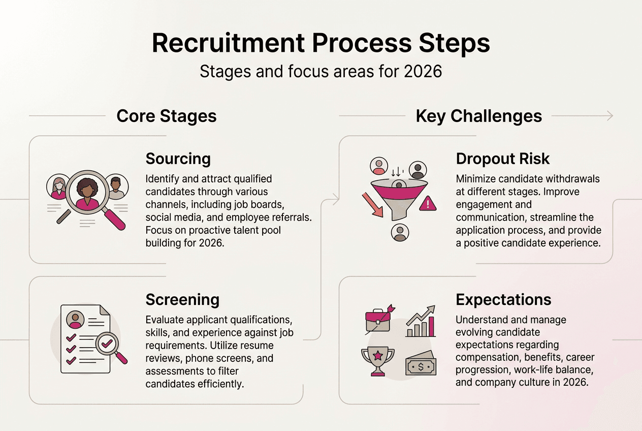 Infographic outlining steps and challenges in recruitment