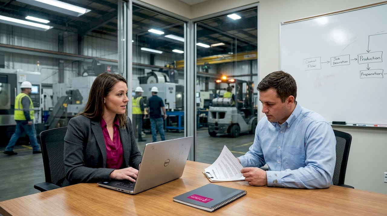Recruiter interviews candidate in manufacturing office