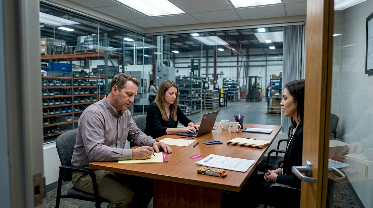 Team interviewing engineering candidate in meeting room