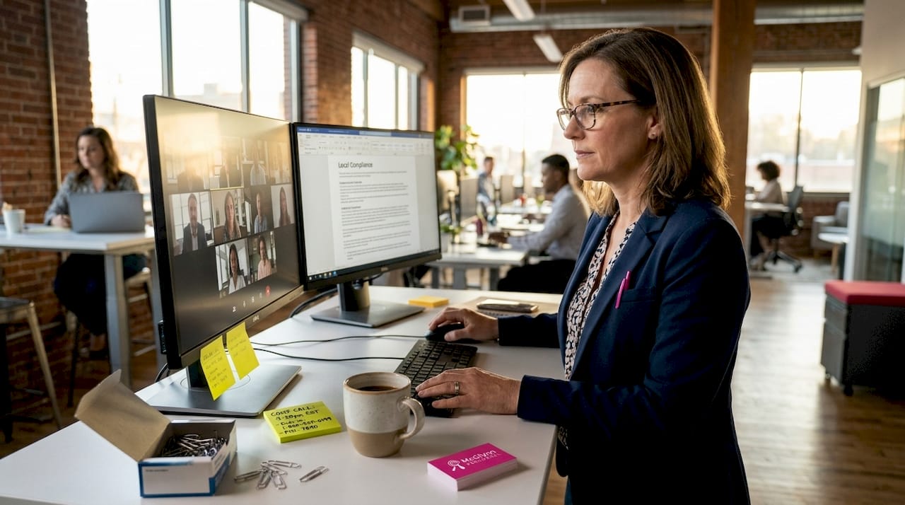 Recruiter handling regional hiring at open-plan desk