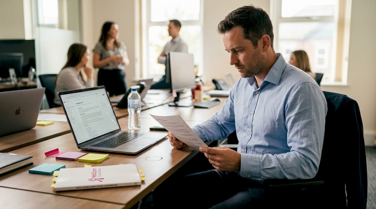 Developer reading onboarding materials at workspace