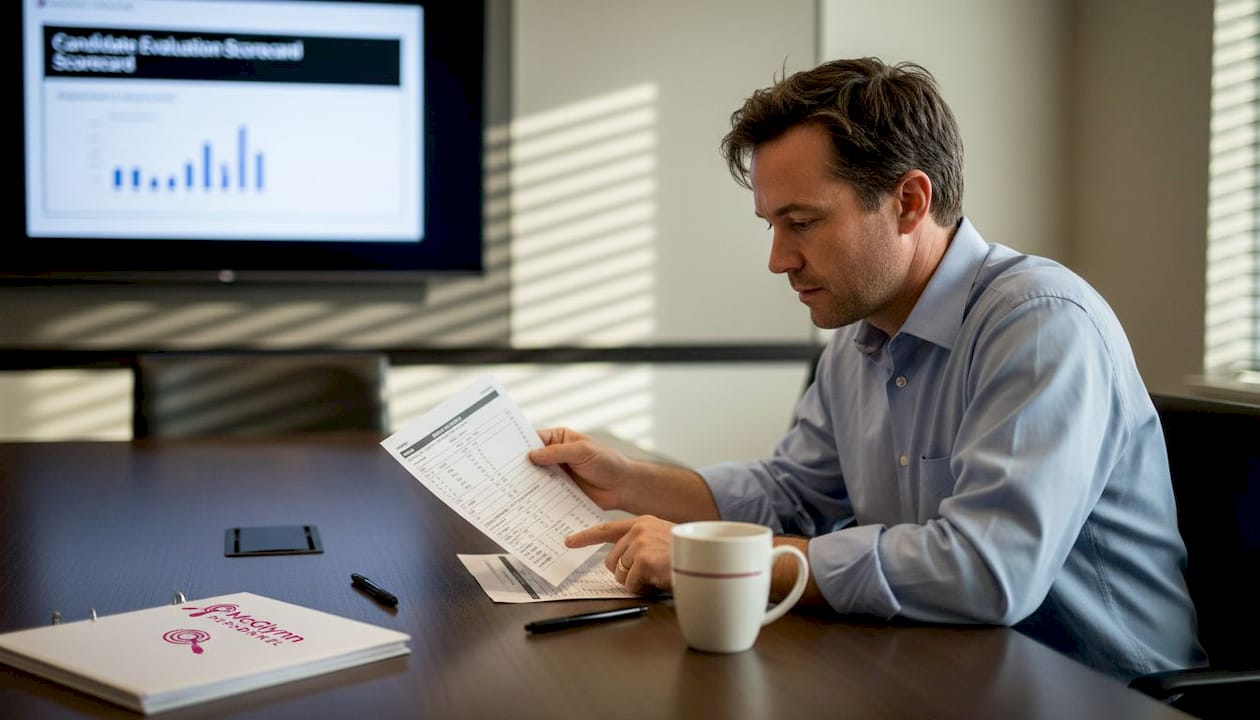 HR professional reviewing candidate assessment papers