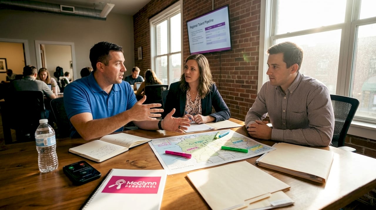 Collaborative team reviews talent pipeline map