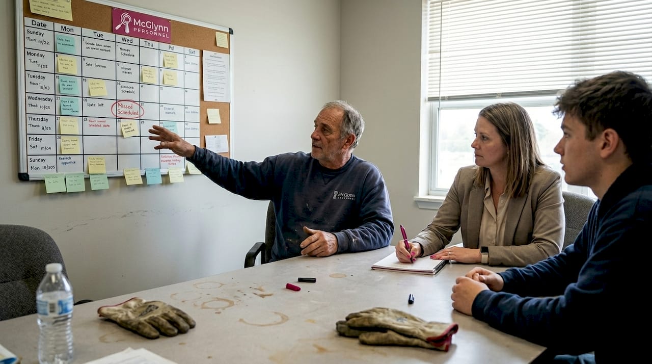Construction office team reviews hiring needs