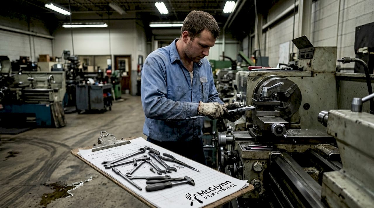 Operator measuring part at industrial lathe