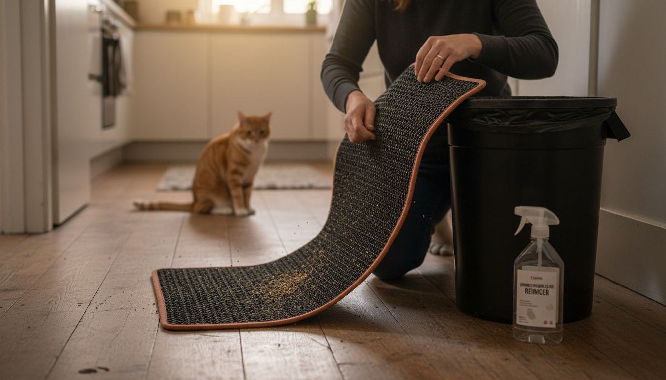 Eine Frau säubert eine spezielle Katzenstreumatte mit doppelter Schicht.