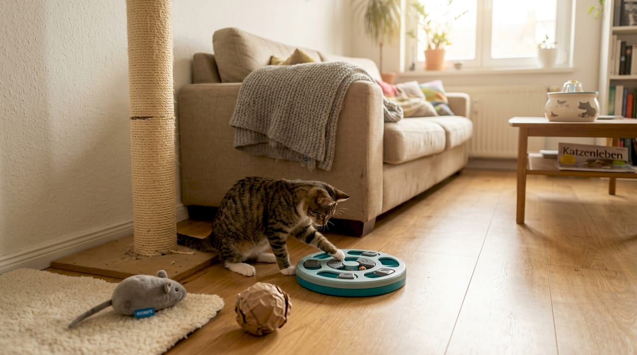 Neugierige Katze testet ihr neues Intelligenzspiel am Kratzbaum.